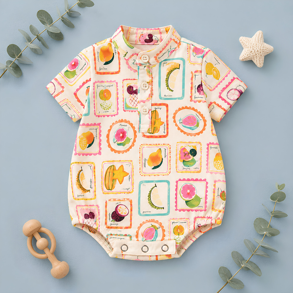 Tropical Fruit Print Mandarin-Collar Baby Button Romper