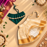 Emerald Green One-Shoulder Top with Kasavu Romper Skirt