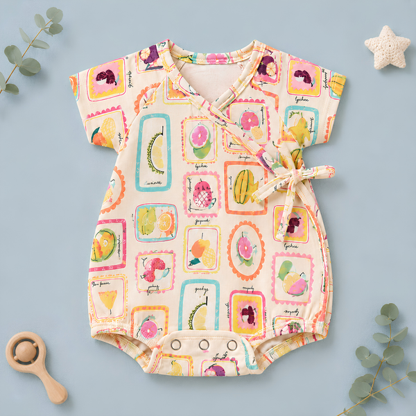 Tropical Fruit Print Wrap-Style Baby Romper