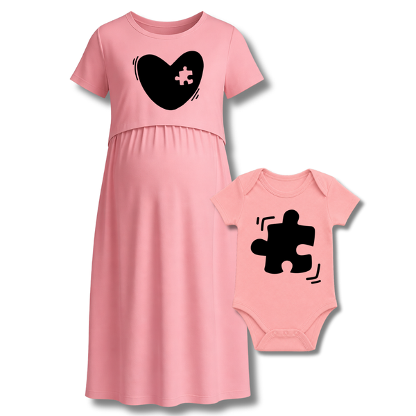 Missing Piece Heart Printed Maternity Feeding Maxi And Romper Combo