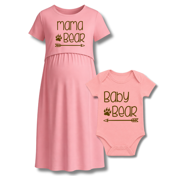 “Mama & Baby Bear Matching Set – Pink Maternity Dress & Baby Onesie”