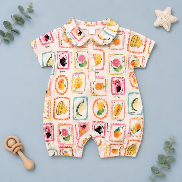 Tropical Fruit Print Peter Pan Collar Baby Romper Suit