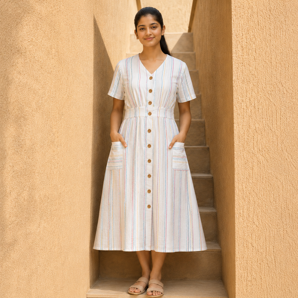 Serene Blue Stripe Dress – Button-Front Comfort Edition