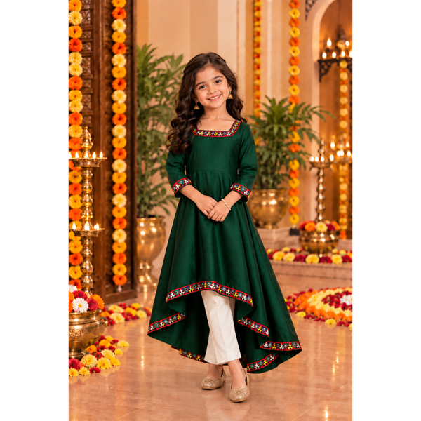 Navaratri Emerald Mosaic Raw Silk - Girl Kid High-low Dress