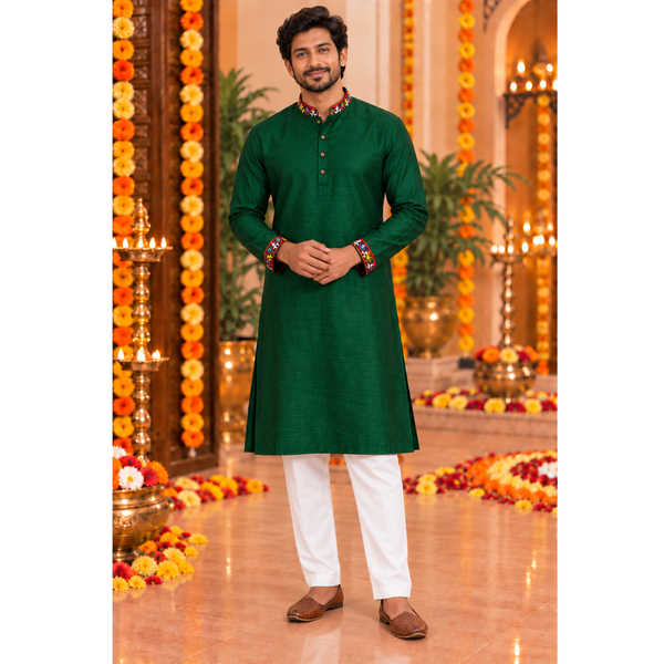 Navaratri Emerald Mosaic Raw Silk - Dad Kurta