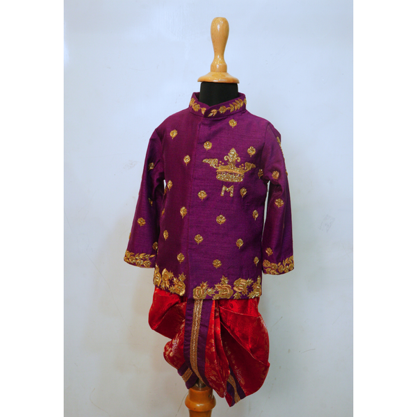 Traditional Purple Silk Kurta with Red Dhoti Set