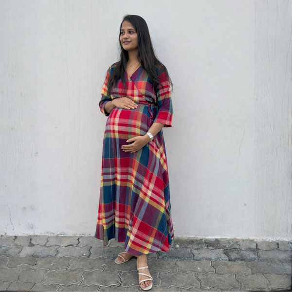 Multicolor Check Maternity Dress – Cotton Feeding-Friendly Dress