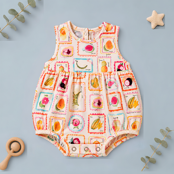 Tropical Fruit Print Sleeveless Gathered Baby Romper
