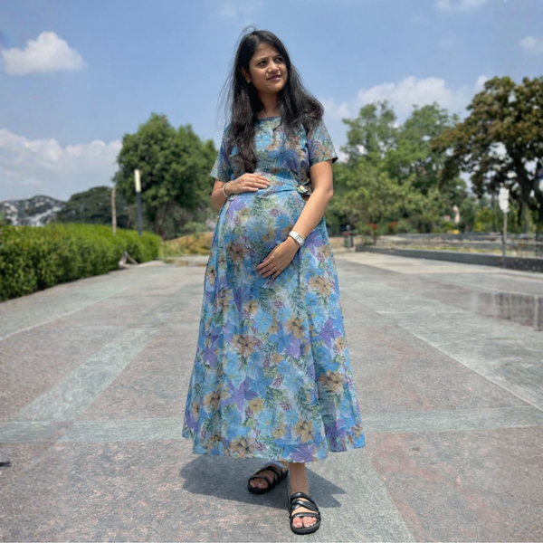 Blue Floral Maternity A-Line Dress – Soft Cotton Feeding-Friendly Dress