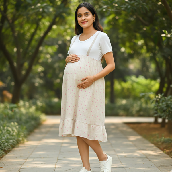 Cream Ikat Soft Cotton Customised Maternity Wear.