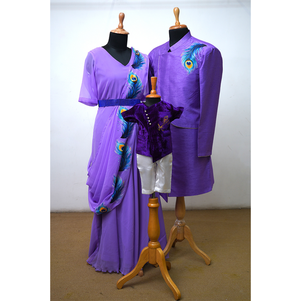 Regal Violet Peacock Feather Themed Couple Ethnic Wear Set