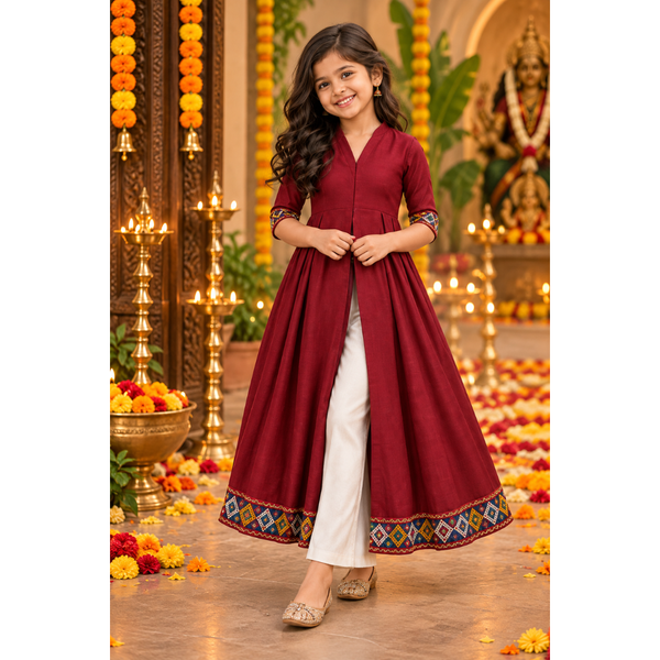Navaratri Rangoli Radiance Raw Silk - Girl Kid Slit Top