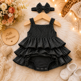 Black Premium Glitter Tiered Ruffle Party Dress with Matching Hair Bow