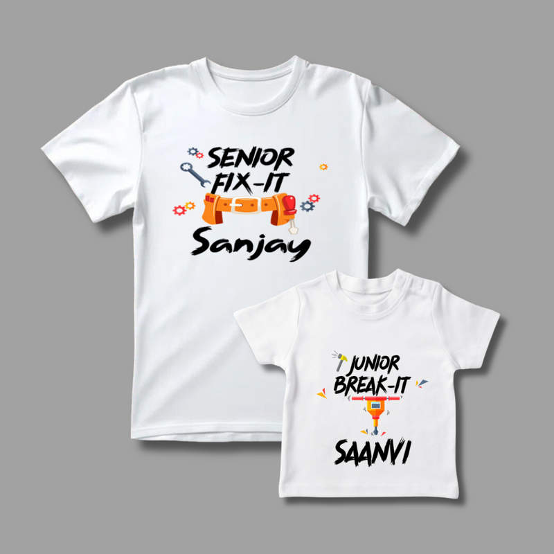 Celebrate the Fathers' day with "Senior Fix-It & Junior Break-It" White Colored Combo T-shirt