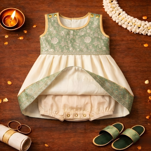 Elegant Sage Green & Cream Baby Ethnic Frock – Classic Festive Silk Outfit for Babies