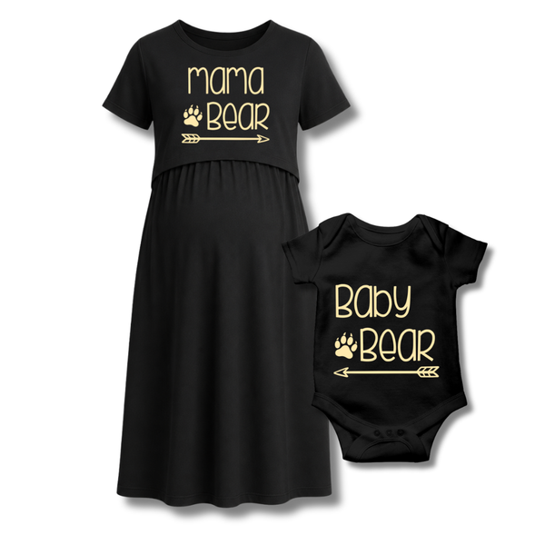 “Mama & Baby Bear Matching Set – Pink Maternity Dress & Baby Onesie”