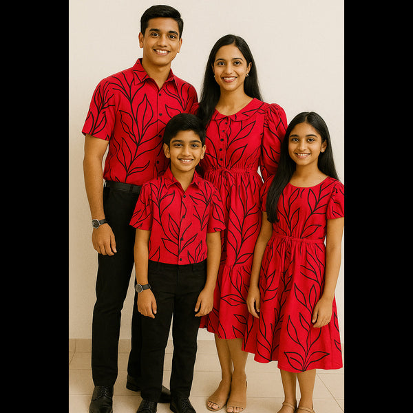 Family wearing red and black leaf print coordinated outfits – father in shirt, mother and daughter in dresses, and son in shirt