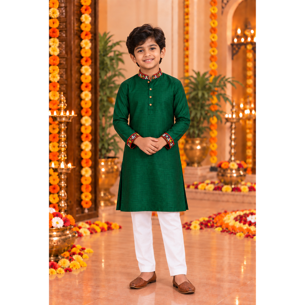 Navaratri Emerald Mosaic Raw Silk - Boy Kid Kurta