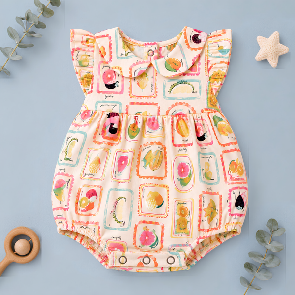 Tropical Fruit Print Peter Pan Collar Ruffle Baby Romper Frock