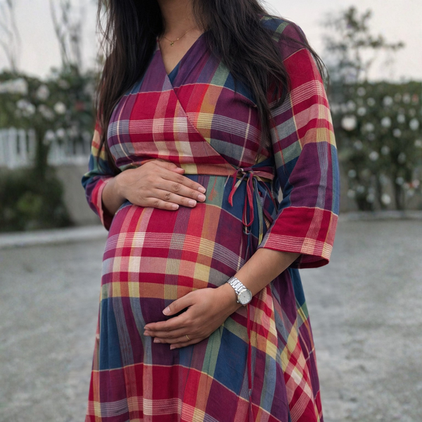 Multicolor Check Maternity Dress – Cotton Feeding-Friendly Dress