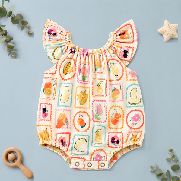 Tropical Fruit Print Flutter-Sleeve Baby Romper