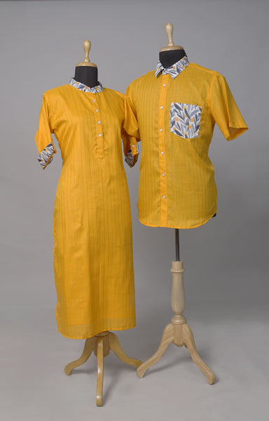 Sunny Yellow Couple Matching Shirt & Kurta Set with Leaf Print Accents — Perfect for Festivals & Celebrations