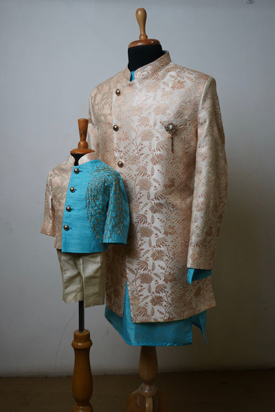 Father-son ethnic sherwani set in beige brocade and aqua blue with embroidered details