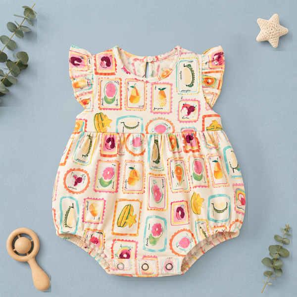 Tropical Fruit Print Ruffle-Sleeve Baby Romper Frock