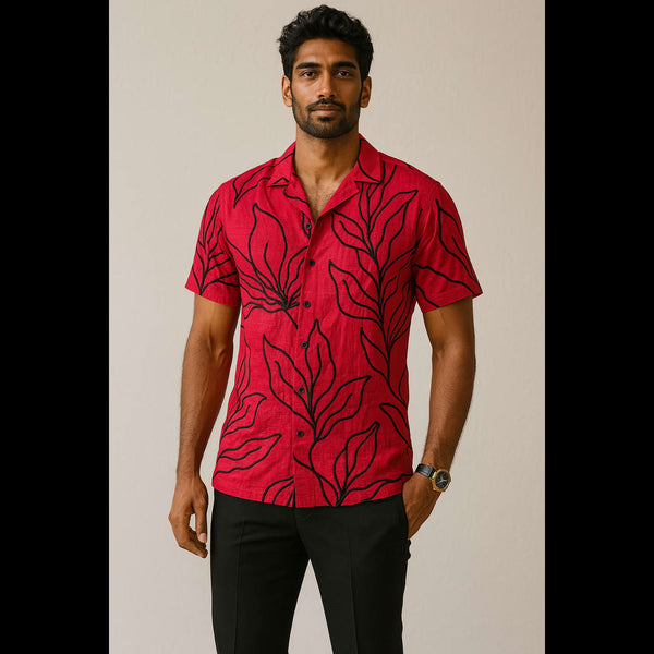 Red men’s shirt with black leaf print – tropical casual wear