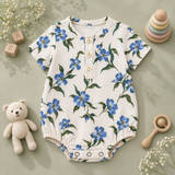 Blue Blossom Print Round-Neck Baby Button Romper