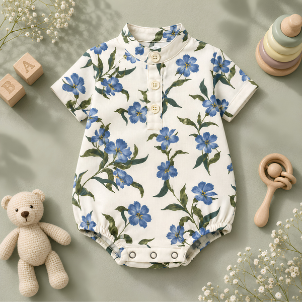 Blue Blossom Print Mandarin-Collar Baby Button Romper
