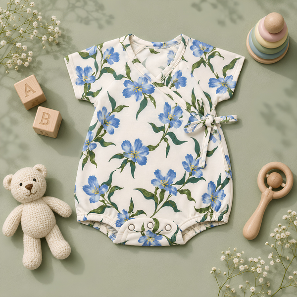 Blue Blossom Print Wrap-Style Baby Romper