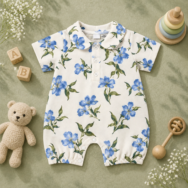 Blue Blossom Print Peter Pan Collar Baby Romper Suit