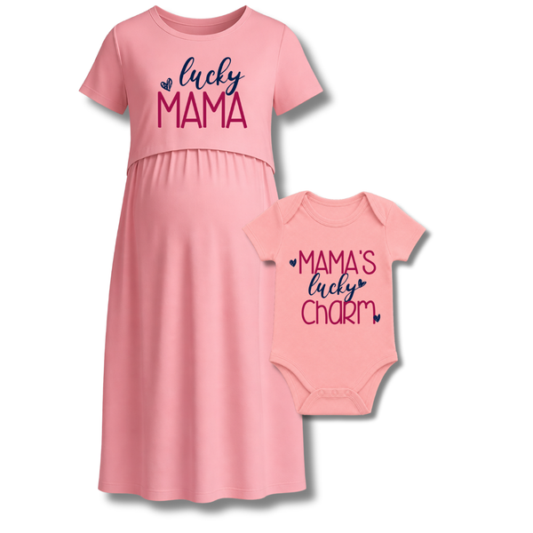 “Lucky Mama & Mini Charm Matching Maternity & Baby Outfit Set"