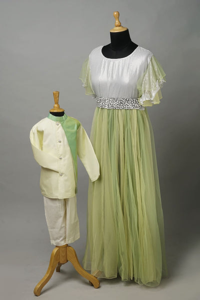 Mint green and silver mom and son matching outfit with shimmer detailing and net skirt
