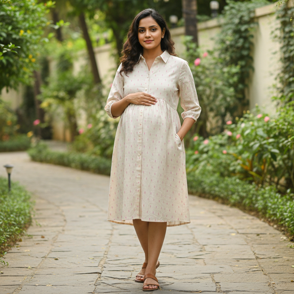 Cream Ikat Soft Cotton Customised Maternity Wear.