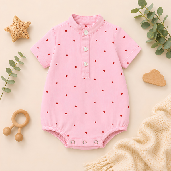 Sweetheart Print Mandarin-Collar Baby Button Romper
