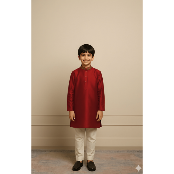 HERITAGE RAW SILK_RED_BOY KID SET