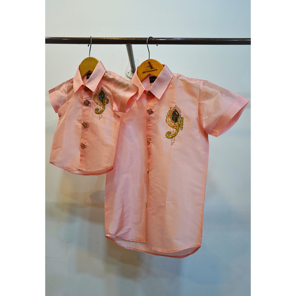Elegant Peach Father-Son Ethnic Matching Shirt Combo.