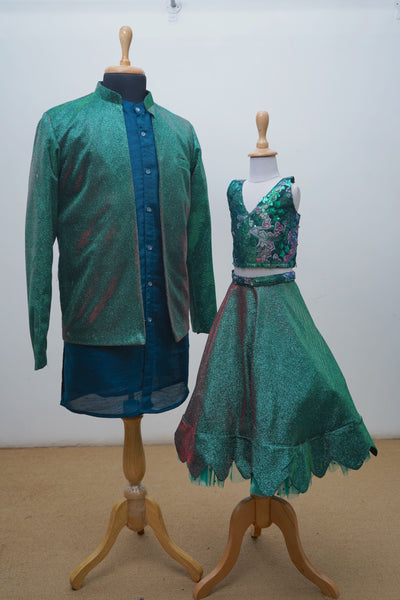 Emerald Green Sparkle Dad and Daughter Matching Outfit Set with Glitter Fabric - Family Festive Wear