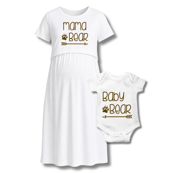 “Mama & Baby Bear Matching Set – Pink Maternity Dress & Baby Onesie”