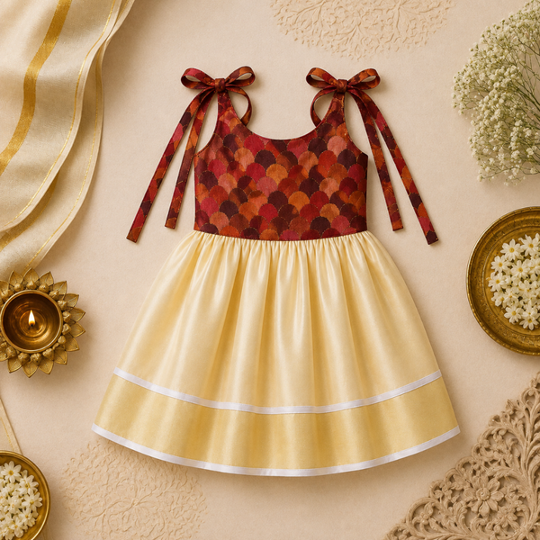Maroon Multicolour Scallop Print & Cream Gold Baby Frock