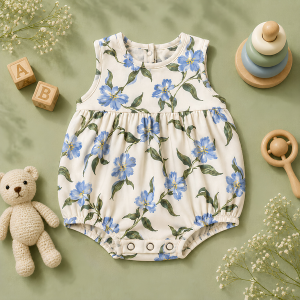 Blue Blossom Print Sleeveless Gathered Baby Romper