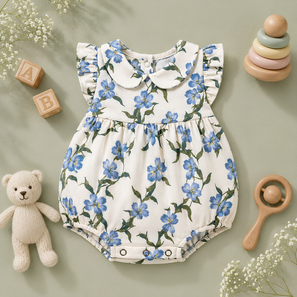 Blue Blossom Print Peter Pan Collar Ruffle Baby Romper Frock
