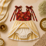 Maroon Multicolour Scallop Print & Cream Gold Baby Frock
