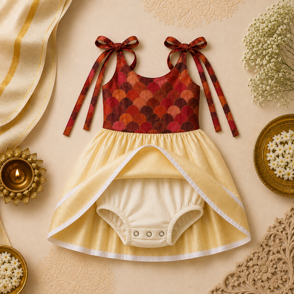 Maroon Multicolour Scallop Print & Cream Gold Baby Frock