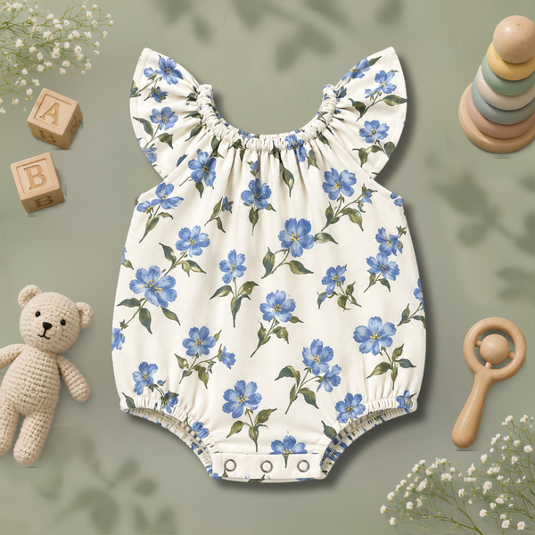 Blue Blossom Print Flutter-Sleeve Baby Romper