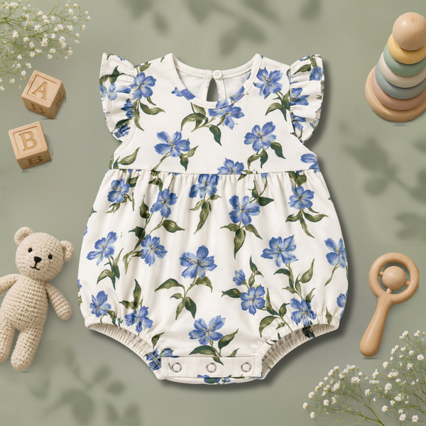 Blue Blossom Print Ruffle-Sleeve Baby Romper Frock