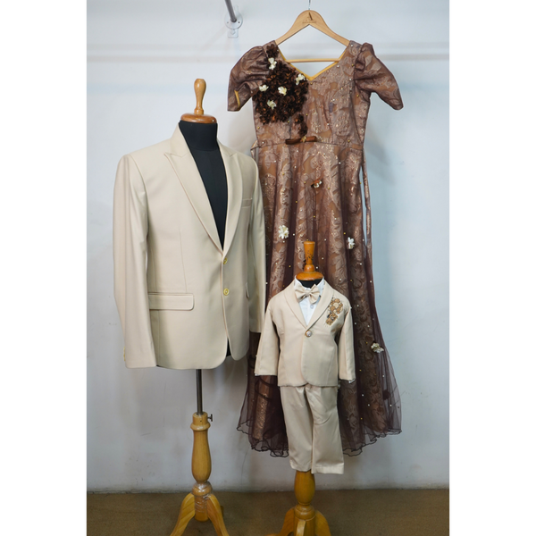 Timeless Beige & Brown Partywear Family Set-Dad, Mom and Son.