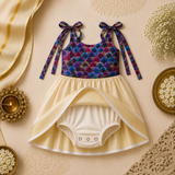 Purple & Blue Scallop Print Cream Gold Baby Frock